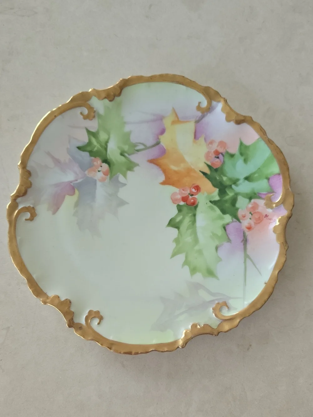 Hand-Painted Floral Gold-Trim Decorative Plate - Green